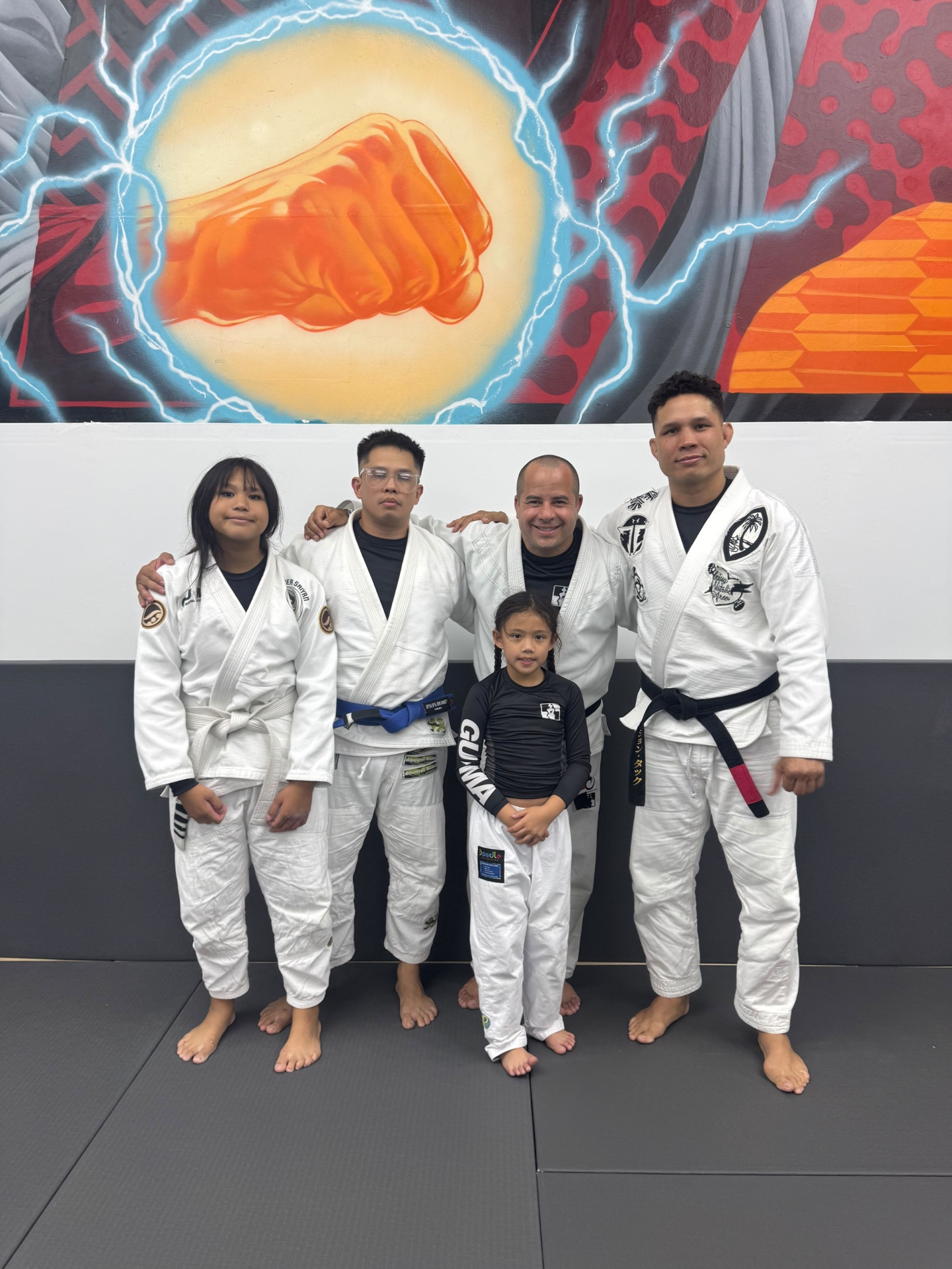 Kevin Miranda with his GUMA family in front of the academy mural