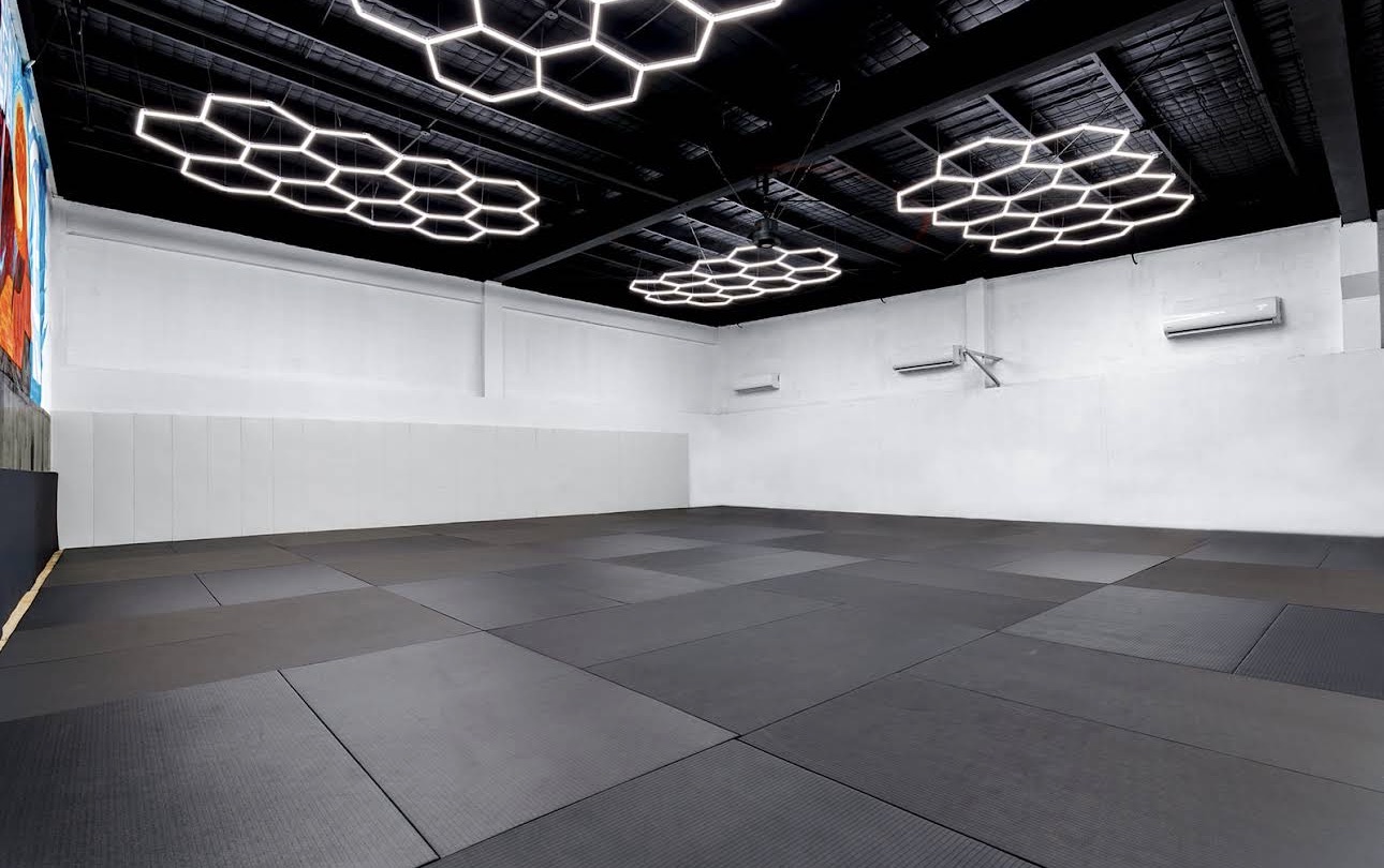 Open training mats under hexagon lighting